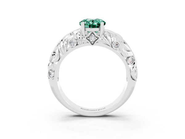 Silver Oval Cut Solitaire Green Sapphire Leaf-Inspired Vine Band Ring with Prong Setting