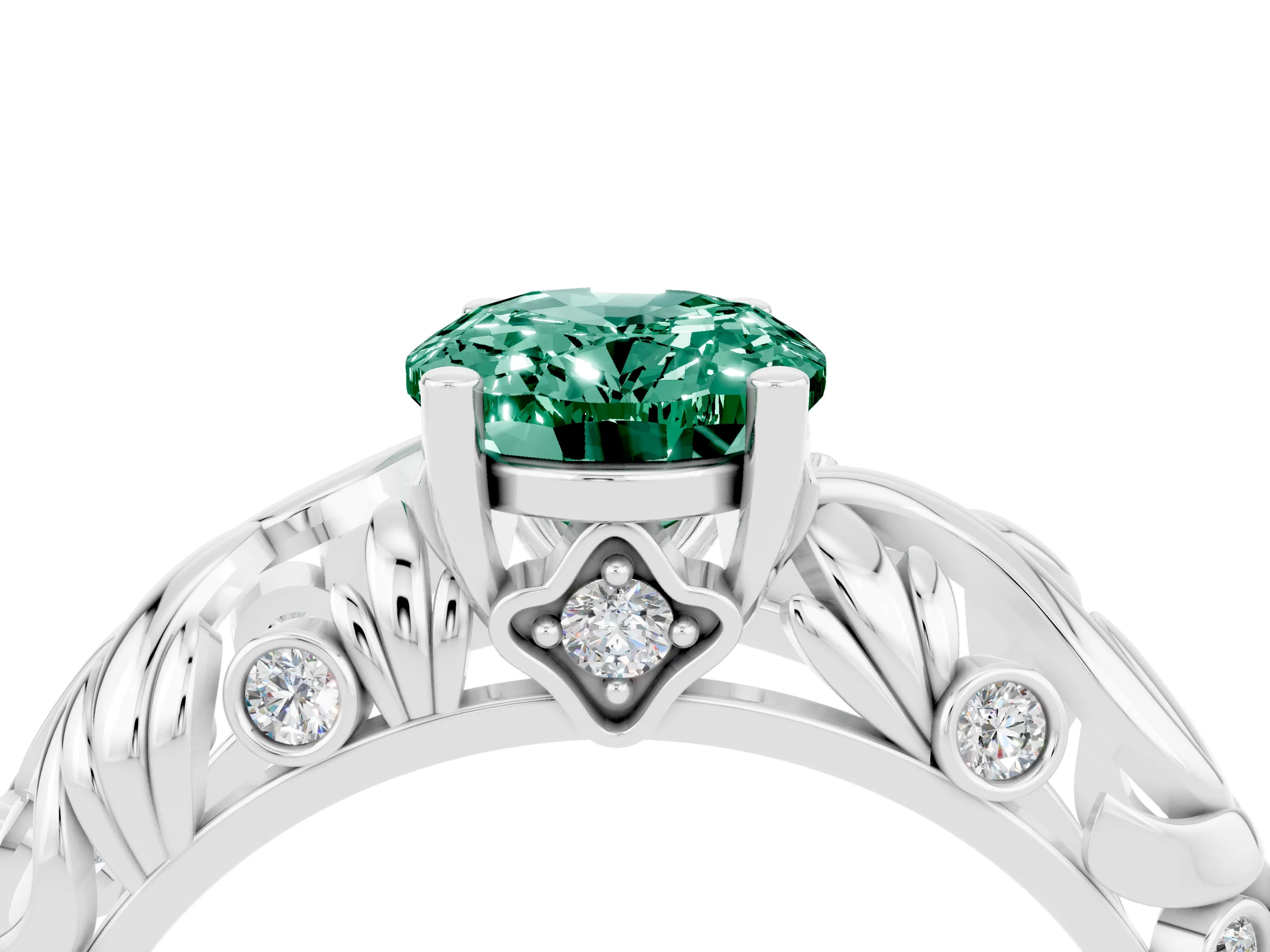 White gold Oval Cut Solitaire Green Sapphire Leaf-Inspired Vine Band Ring with Prong Setting_4
