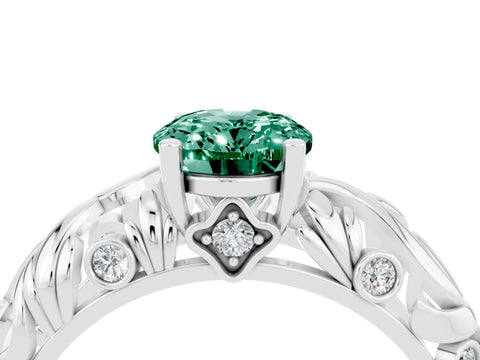 White gold Oval Cut Solitaire Green Sapphire Leaf-Inspired Vine Band Ring with Prong Setting_4