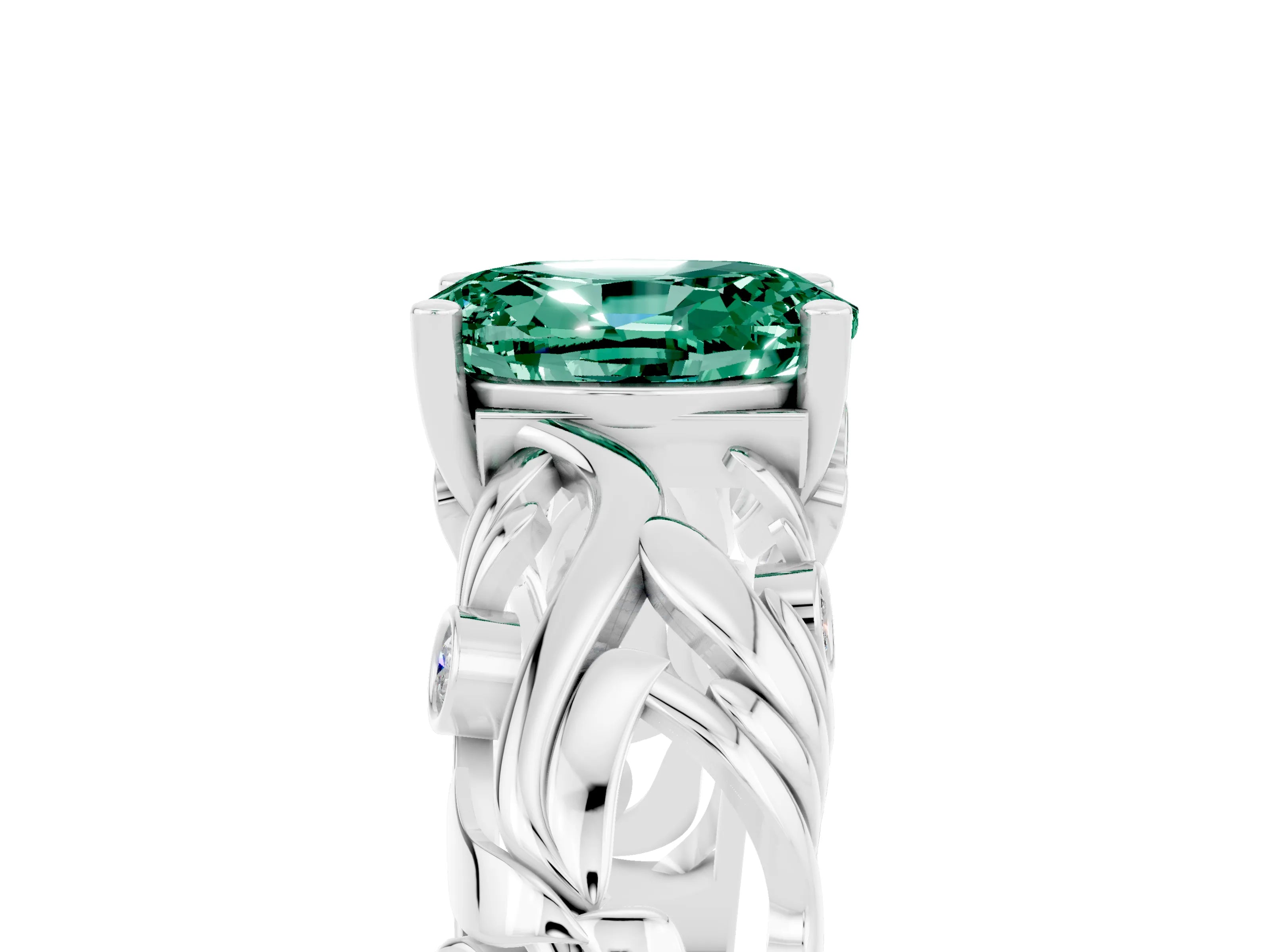 White gold Oval Cut Solitaire Green Sapphire Leaf-Inspired Vine Band Ring with Prong Setting_5