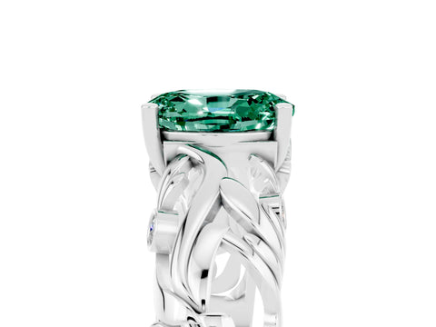 White gold Oval Cut Solitaire Green Sapphire Leaf-Inspired Vine Band Ring with Prong Setting_5