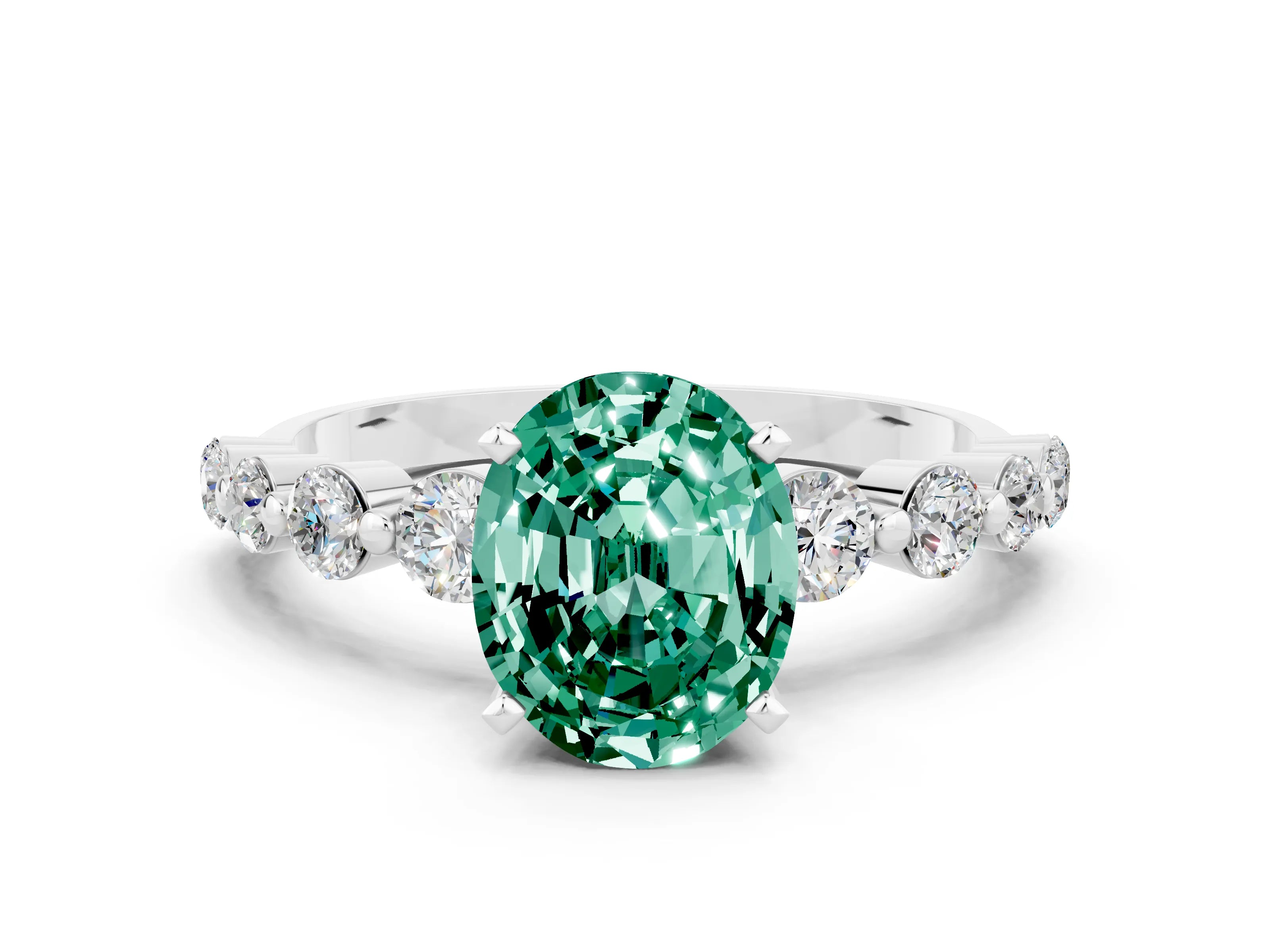 White gold Oval Cut Solitaire Green Sapphire Ring with Pave Band and Four-Prong Setting