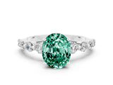 White gold Oval Cut Solitaire Green Sapphire Ring with Pave Band and Four-Prong Setting