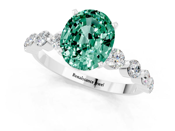 Platinum Oval Cut Solitaire Green Sapphire Ring with Pave Band and Four-Prong Setting
