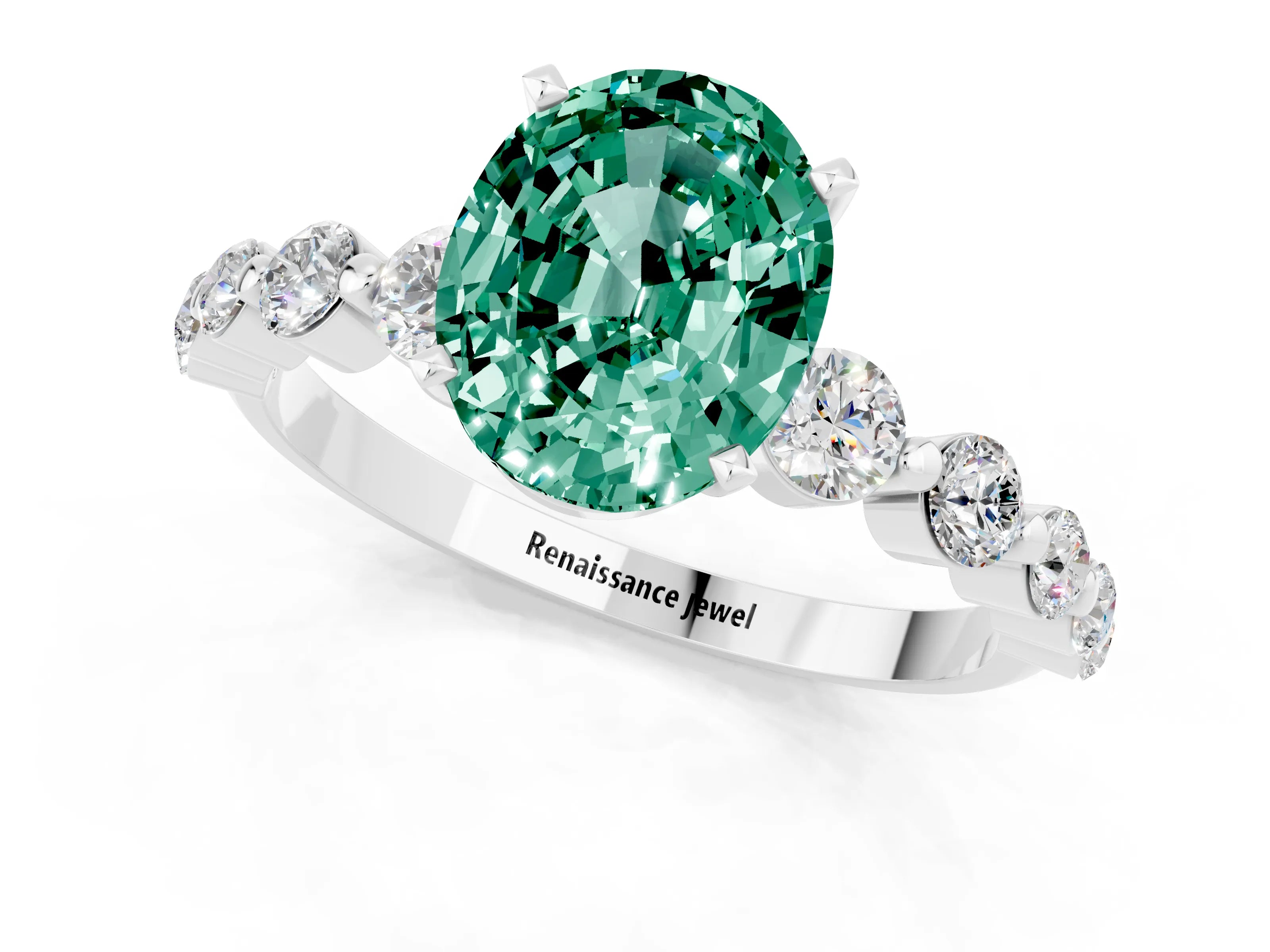 White gold Oval Cut Solitaire Green Sapphire Ring with Pave Band and Four-Prong Setting_1