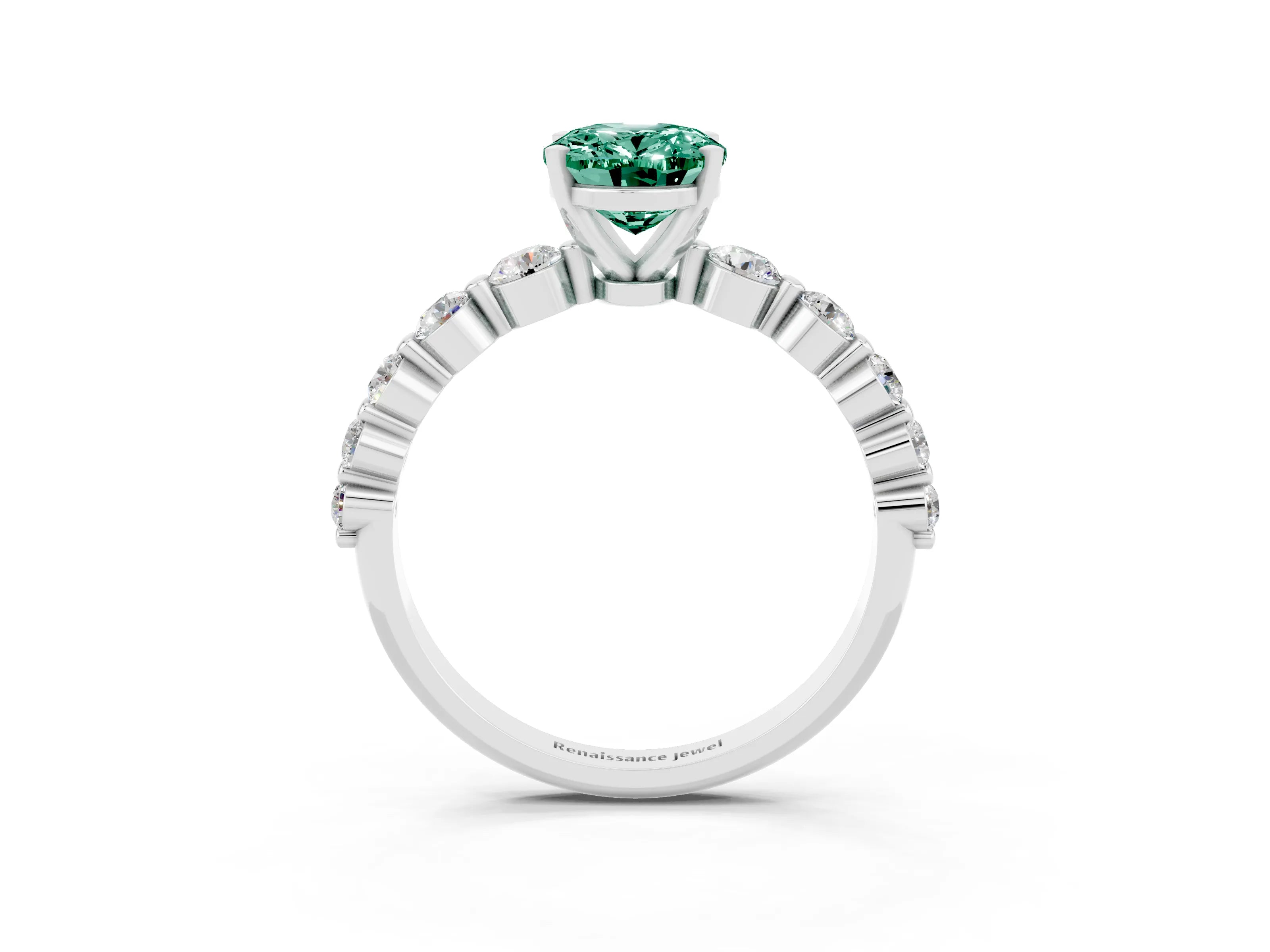 White gold Oval Cut Solitaire Green Sapphire Ring with Pave Band and Four-Prong Setting_3