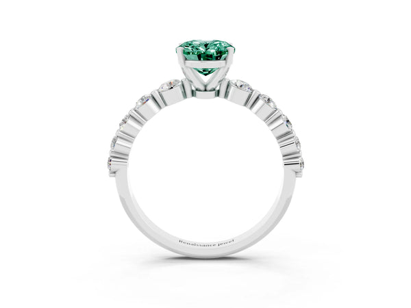 Platinum Oval Cut Solitaire Green Sapphire Ring with Pave Band and Four-Prong Setting
