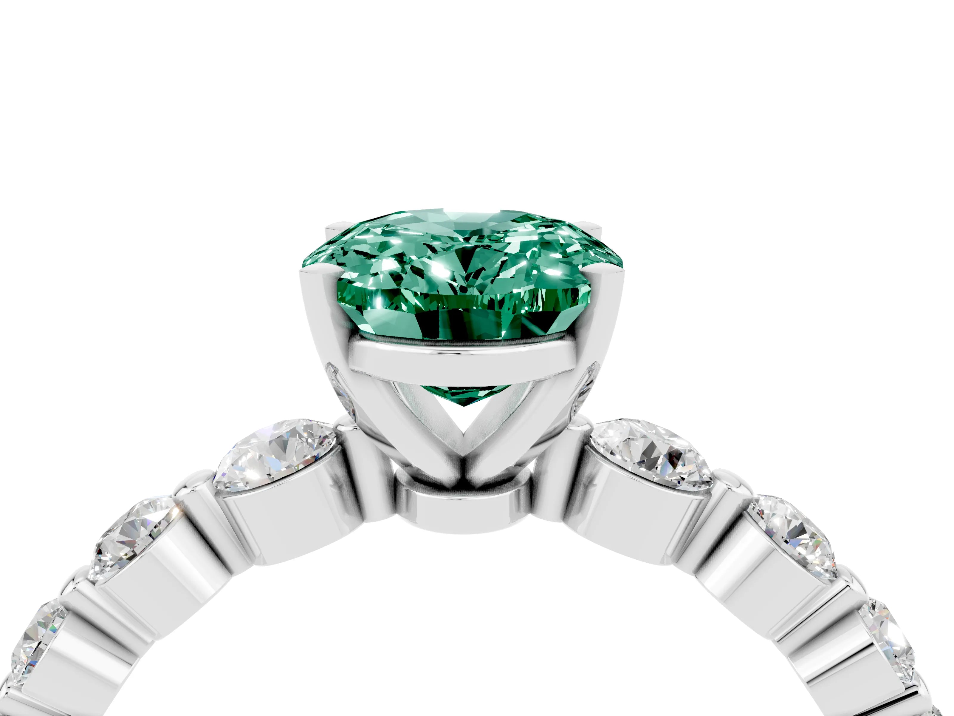 White gold Oval Cut Solitaire Green Sapphire Ring with Pave Band and Four-Prong Setting_4