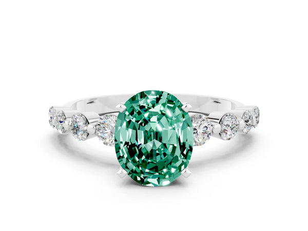 Silver Oval Cut Solitaire Green Sapphire Ring with Pave Band and Four-Prong Setting