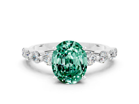 White gold Oval Cut Solitaire Green Sapphire Ring with Pave Band and Four-Prong Setting