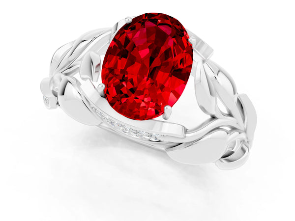 Platinum Oval Cut Ruby Leaf-Inspired Engagement Ring with Round Accents and Prong Setting