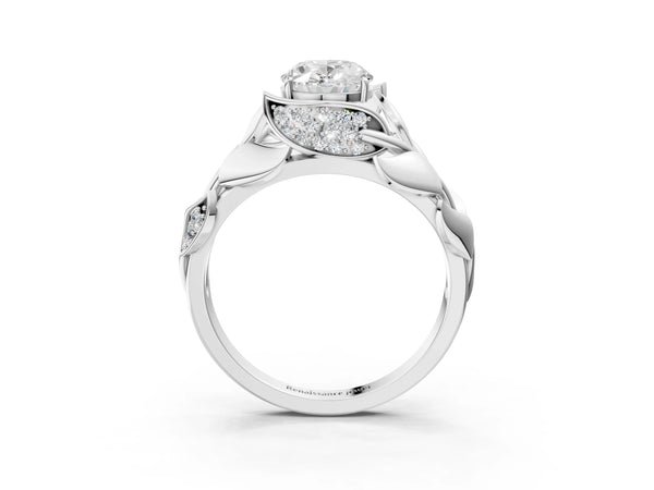 White Gold Oval Leaf Bypass Engagement Ring Setting with Pave Leaf Panels