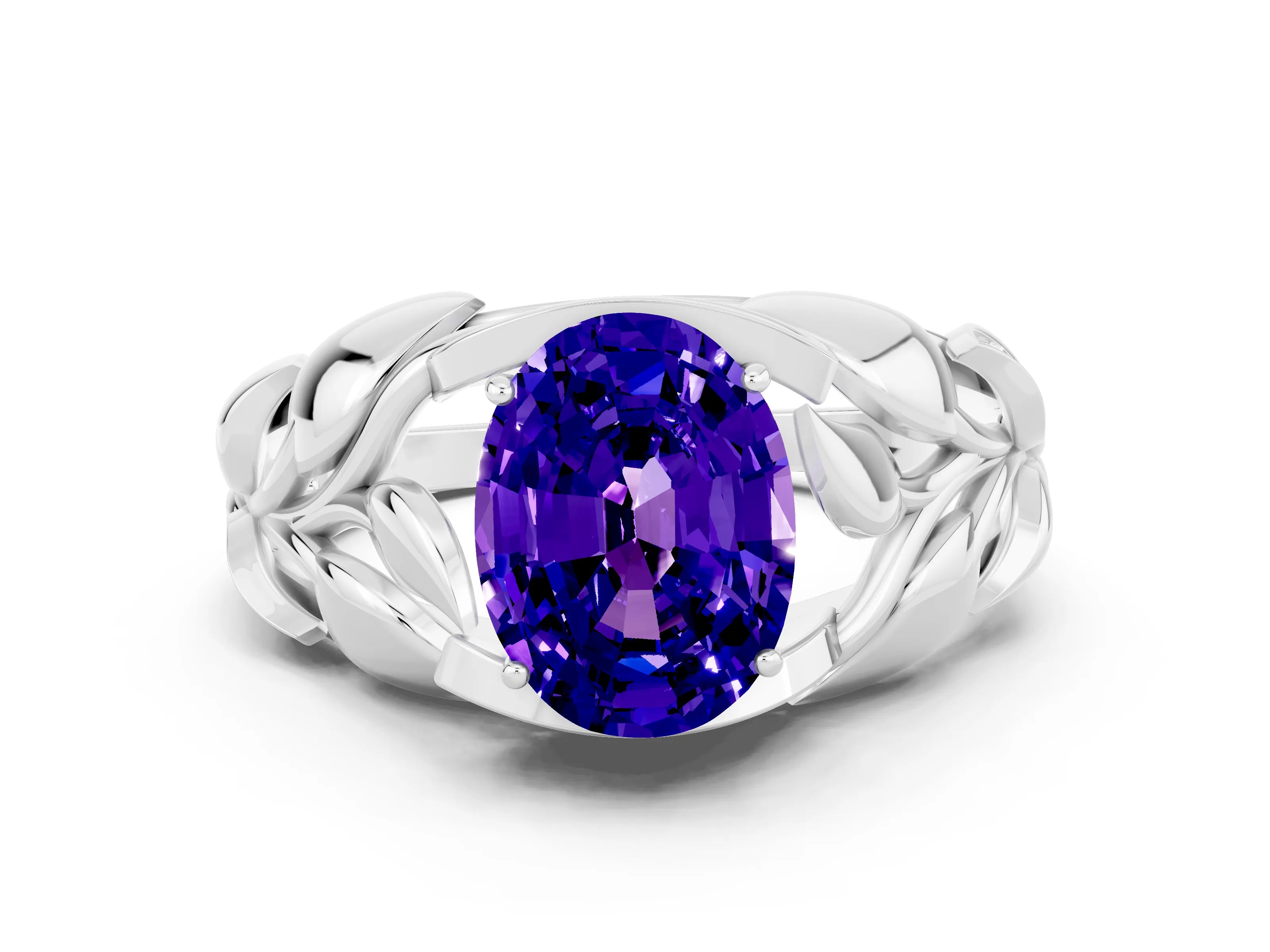 White gold Oval Cut Solitaire Leaf-Inspired Engagement Ring with Prong Setting