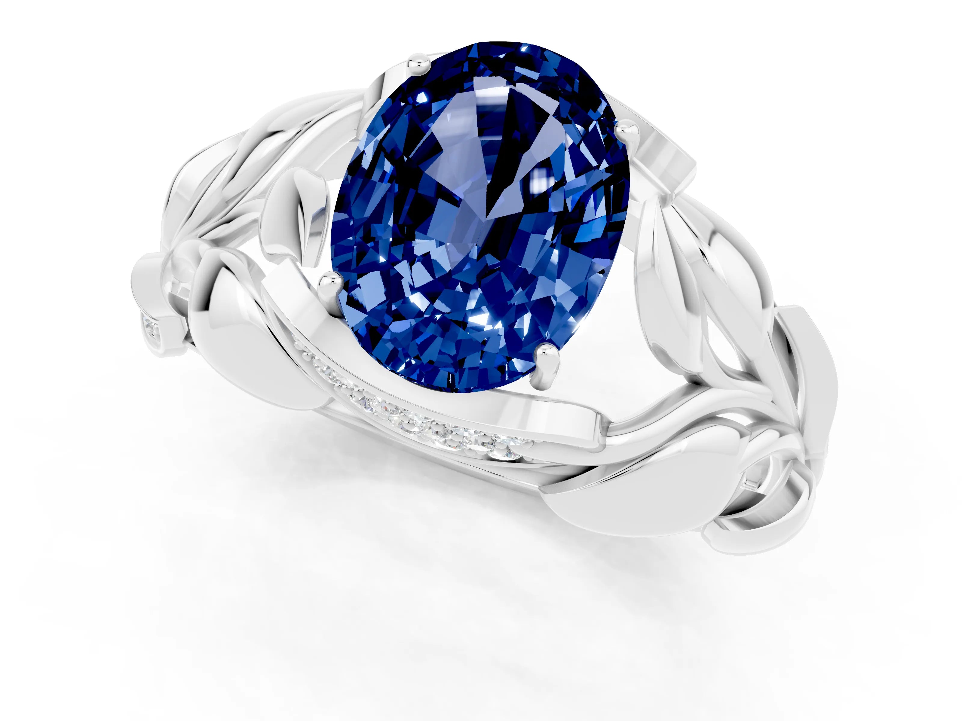White gold Oval Cut Solitaire Leaf-Inspired Engagement Ring with Prong Setting_1