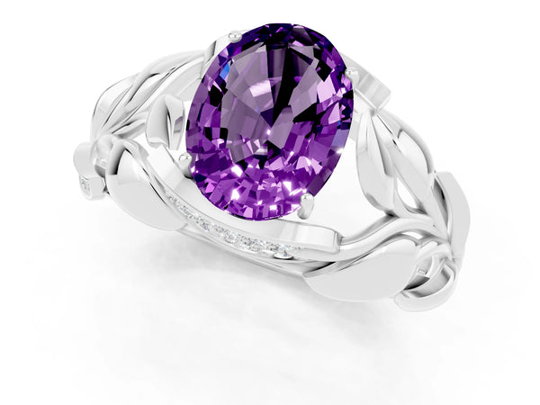 Platinum Oval Cut Amethyst Leaf-Inspired Engagement Ring with Round Accents and Prong Setting