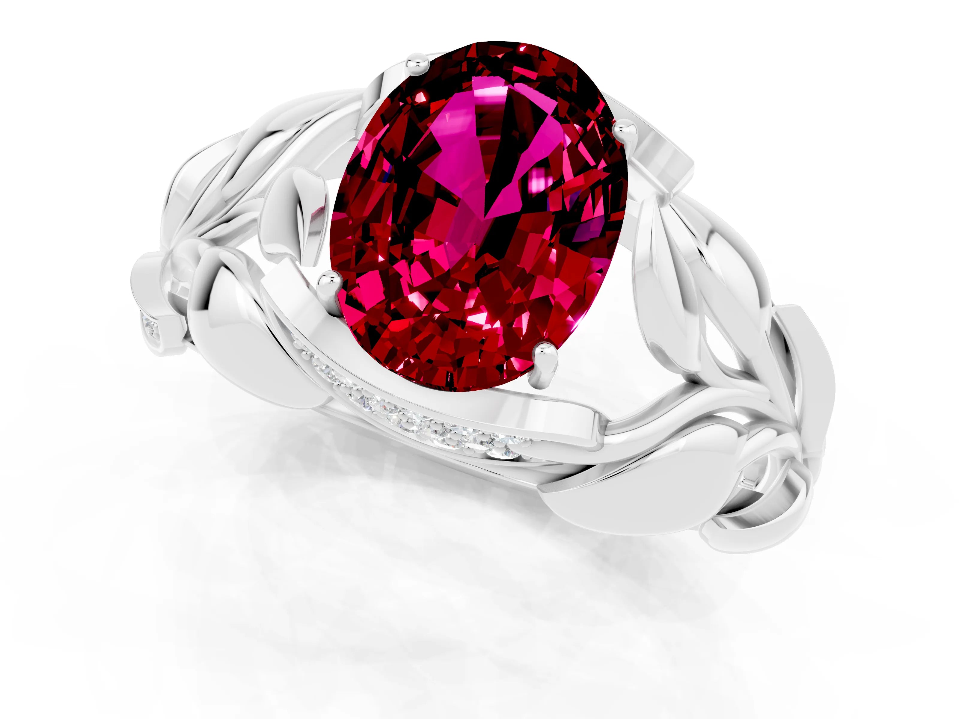 White gold Oval Cut Solitaire Leaf-Inspired Engagement Ring with Prong Setting_1