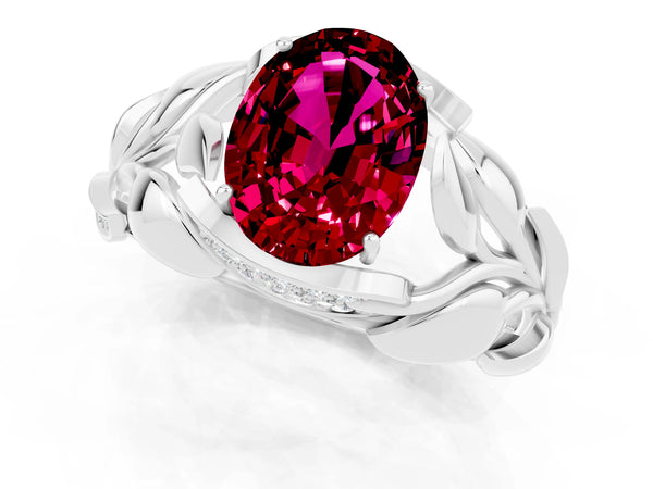 Platinum Oval Cut Garnet Leaf-Inspired Engagement Ring with Round Accents and Prong Setting