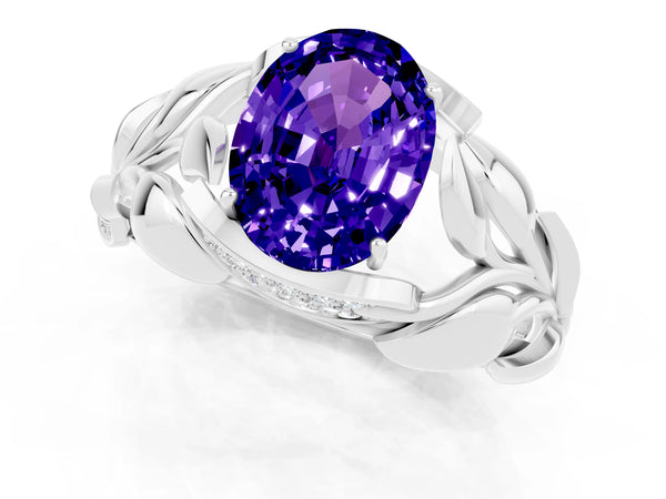 Silver Oval Cut Tanzanite Leaf-Inspired Engagement Ring with Round Accents and Prong Setting