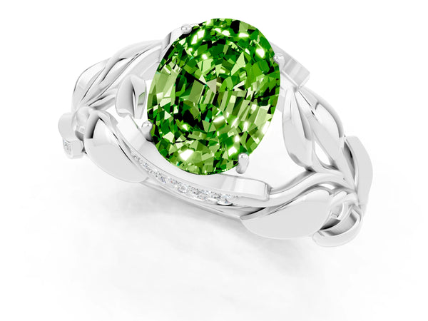 Silver Oval Cut Solitaire Leaf-Inspired Engagement Ring with Prong Setting