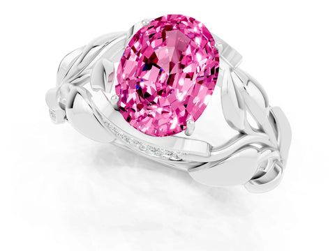 White gold Oval Cut Solitaire Leaf-Inspired Engagement Ring with Prong Setting_1