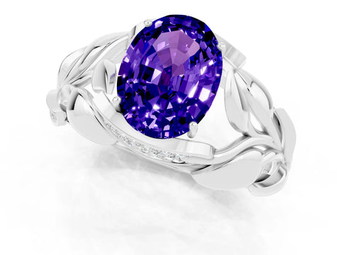 White gold Oval Cut Solitaire Leaf-Inspired Engagement Ring with Prong Setting_1