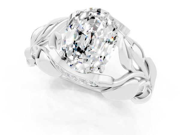 Silver Oval Cut Moissanite Leaf-Inspired Engagement Ring with Round Accents and Prong Setting