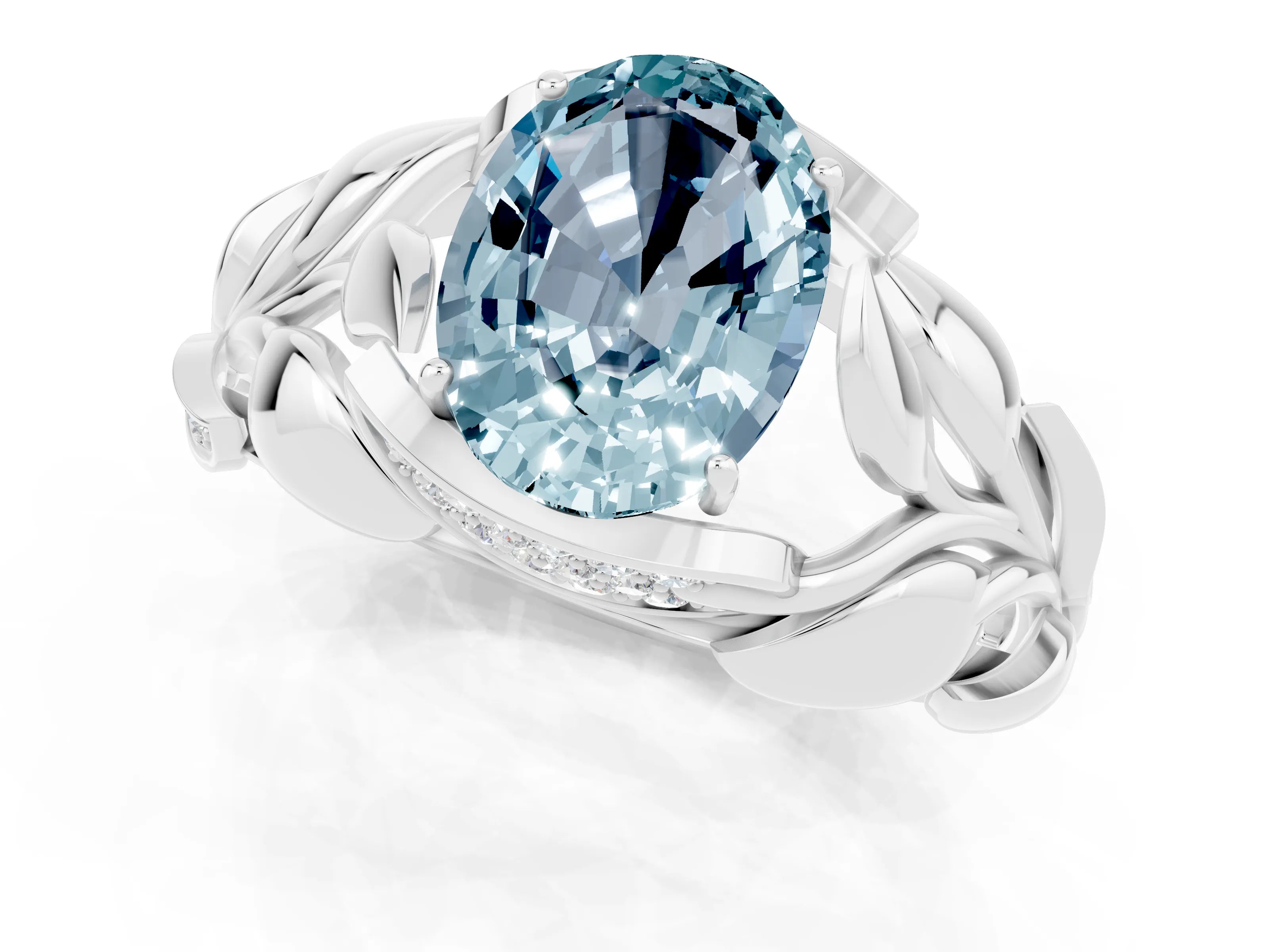 White gold Oval Cut Solitaire Leaf-Inspired Engagement Ring with Prong Setting_1