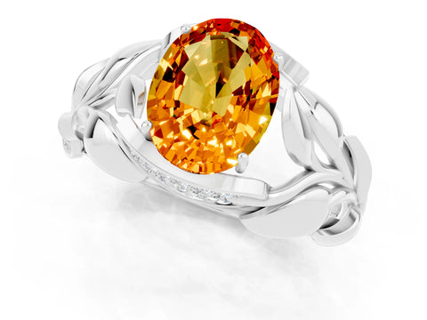 White gold Oval Cut Solitaire Leaf-Inspired Engagement Ring with Prong Setting_1