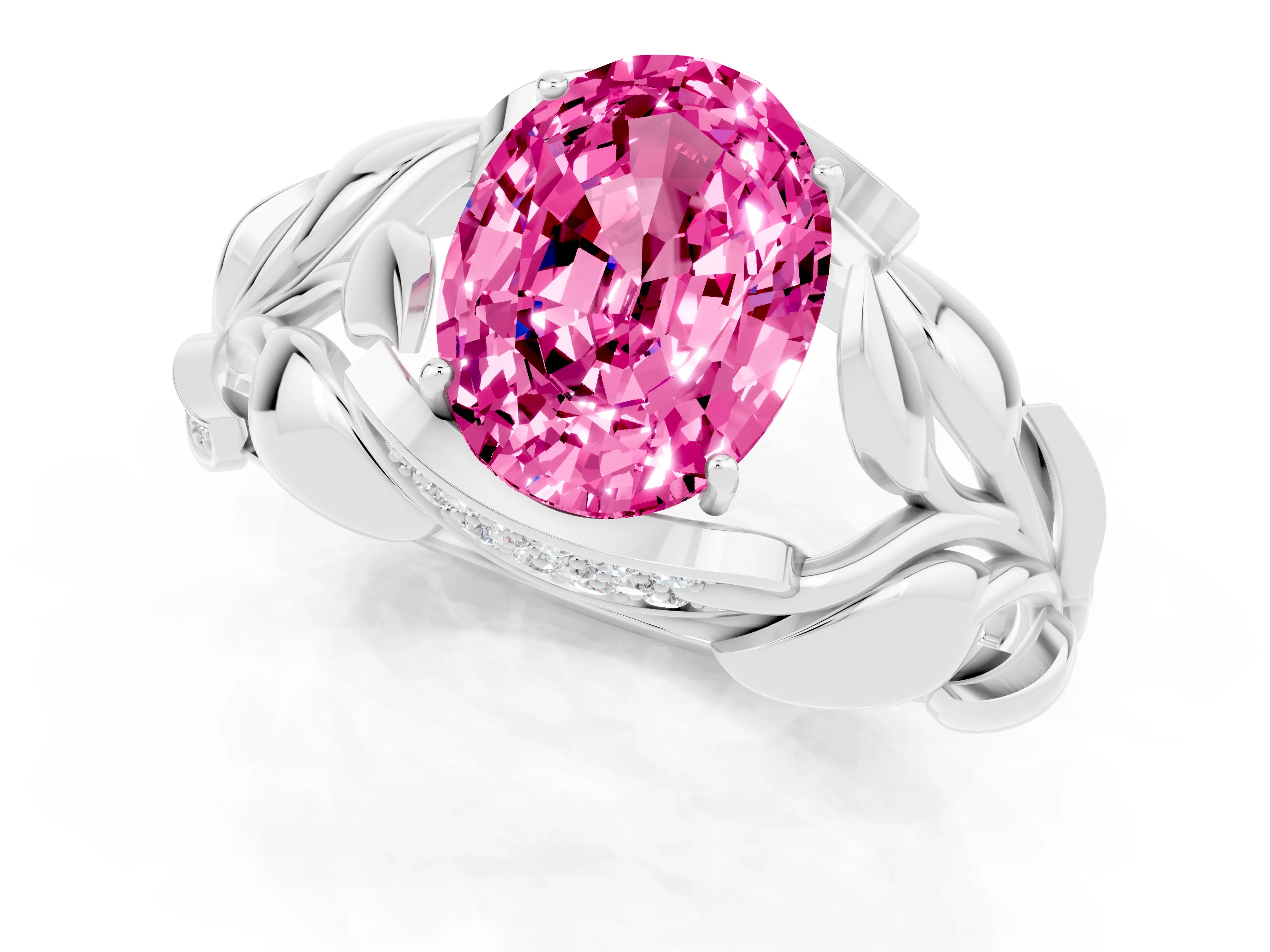 White gold Oval Cut Solitaire Leaf-Inspired Engagement Ring with Prong Setting_1