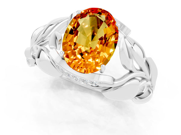 White gold Oval Cut Citrine Leaf-Inspired Engagement Ring with Round Accents and Prong Setting