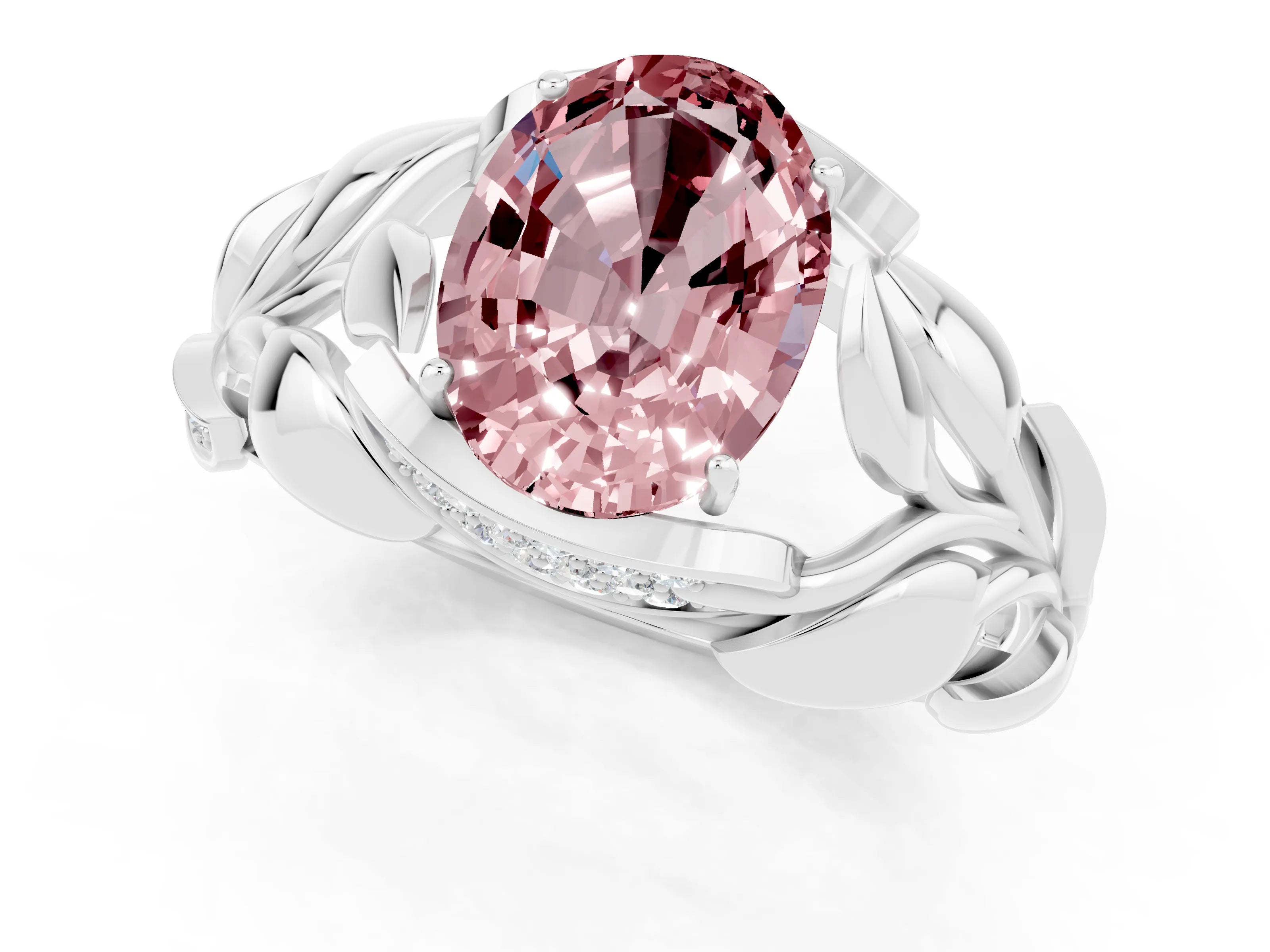 White gold Oval Cut Solitaire Leaf-Inspired Engagement Ring with Prong Setting_1