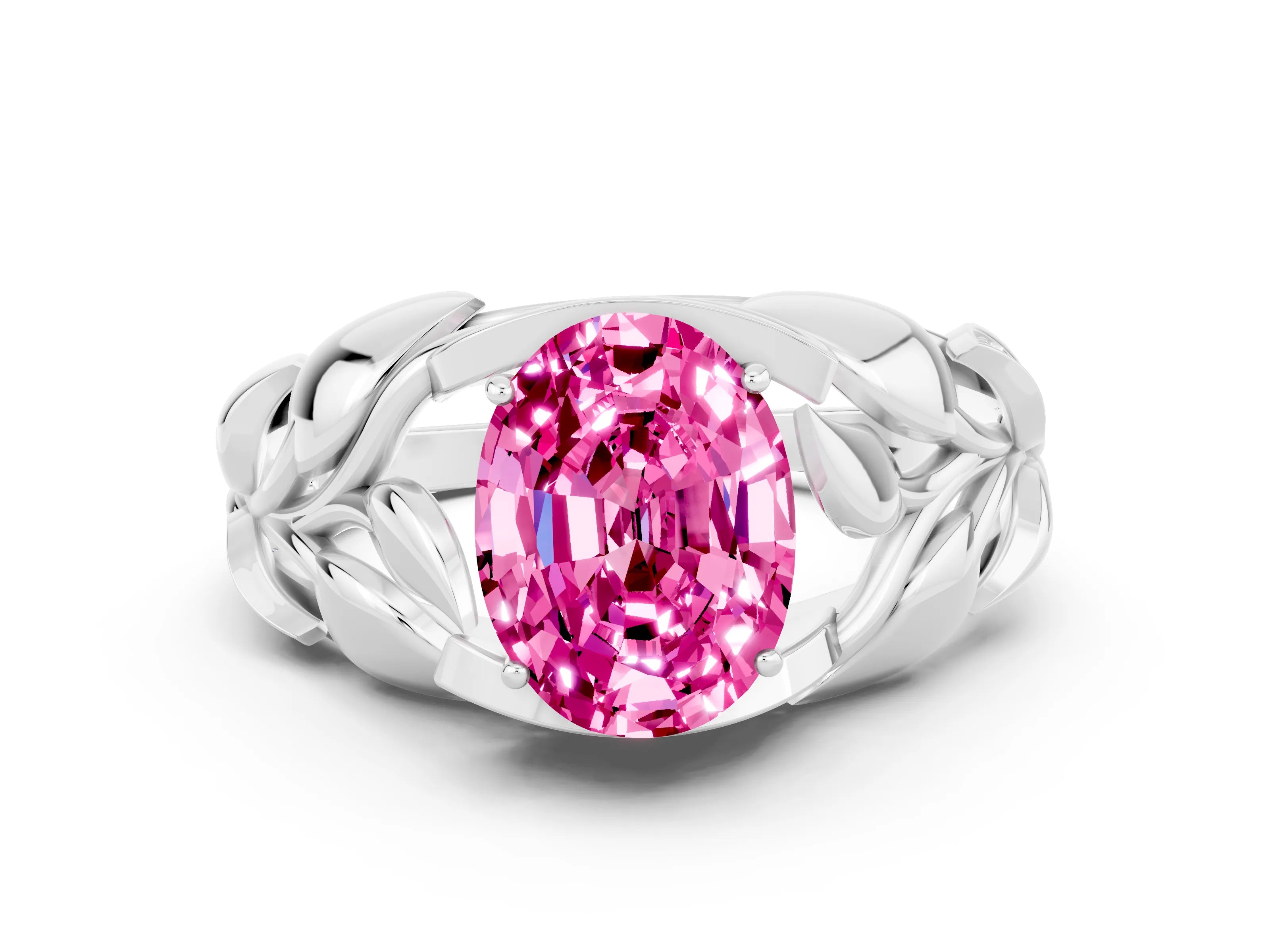 White gold Oval Cut Solitaire Leaf-Inspired Engagement Ring with Prong Setting