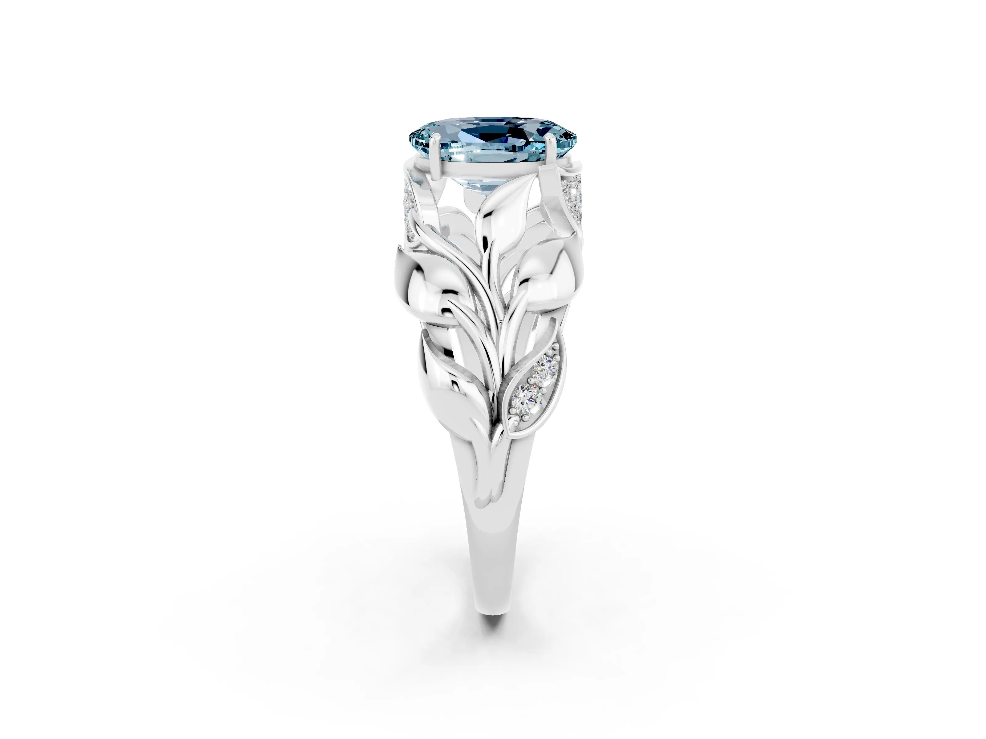 White gold Oval Cut Solitaire Leaf-Inspired Engagement Ring with Prong Setting_2
