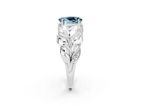White gold Oval Cut Solitaire Leaf-Inspired Engagement Ring with Prong Setting_2
