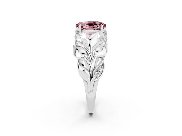 White gold Oval Cut Solitaire Leaf-Inspired Engagement Ring with Prong Setting