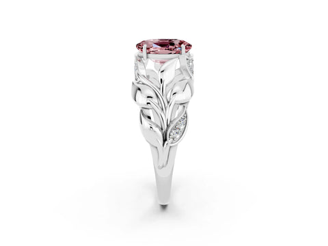 White gold Oval Cut Solitaire Leaf-Inspired Engagement Ring with Prong Setting_2