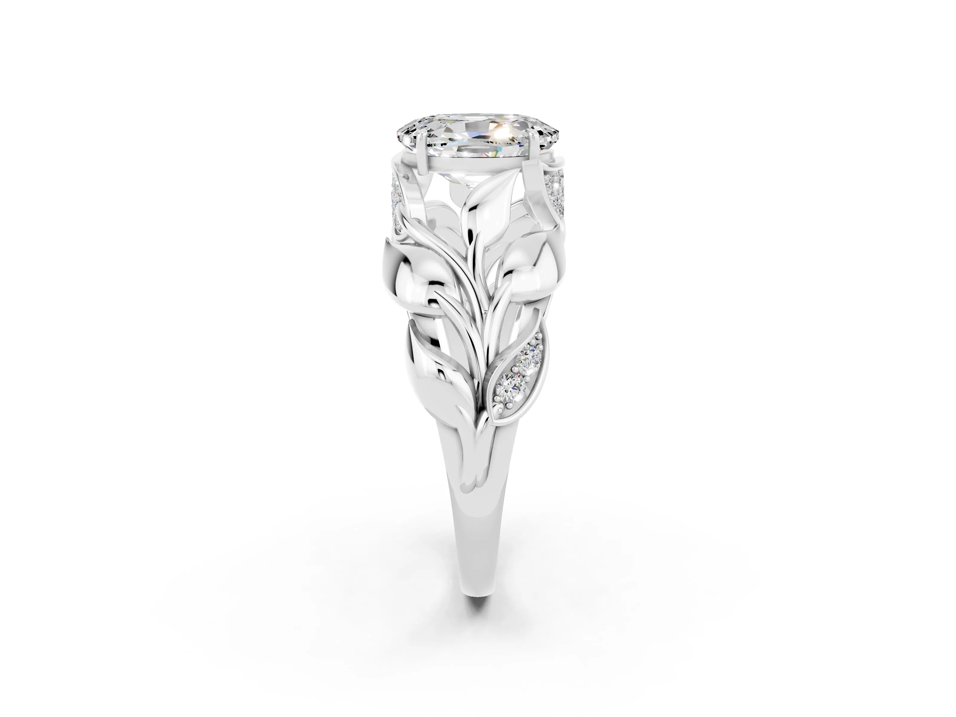 White gold Oval Cut Solitaire Leaf-Inspired Engagement Ring with Prong Setting_2