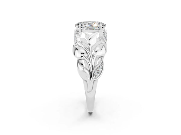 Silver Oval Cut Moissanite Leaf-Inspired Engagement Ring with Round Accents and Prong Setting