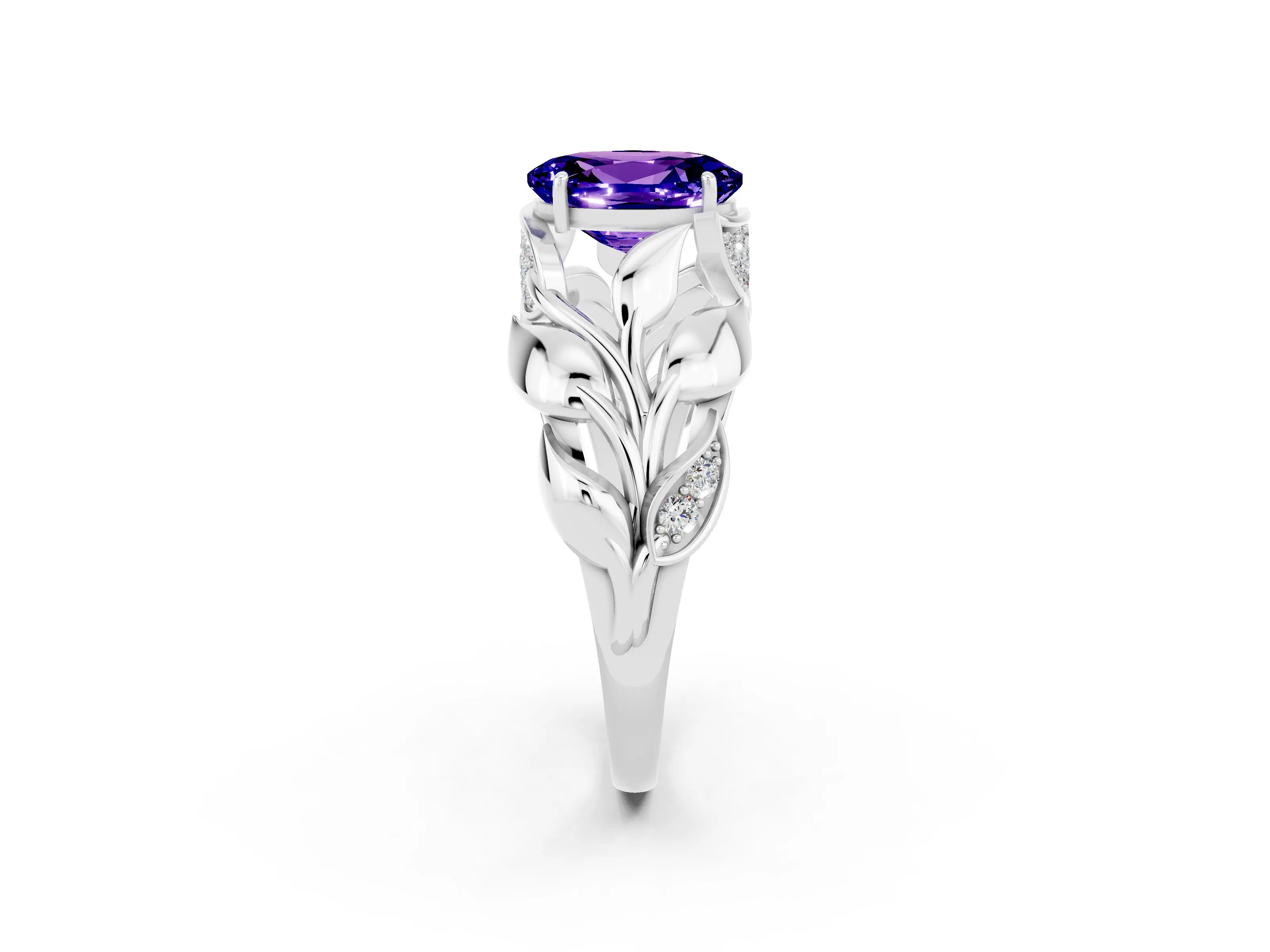 White gold Oval Cut Solitaire Leaf-Inspired Engagement Ring with Prong Setting_2