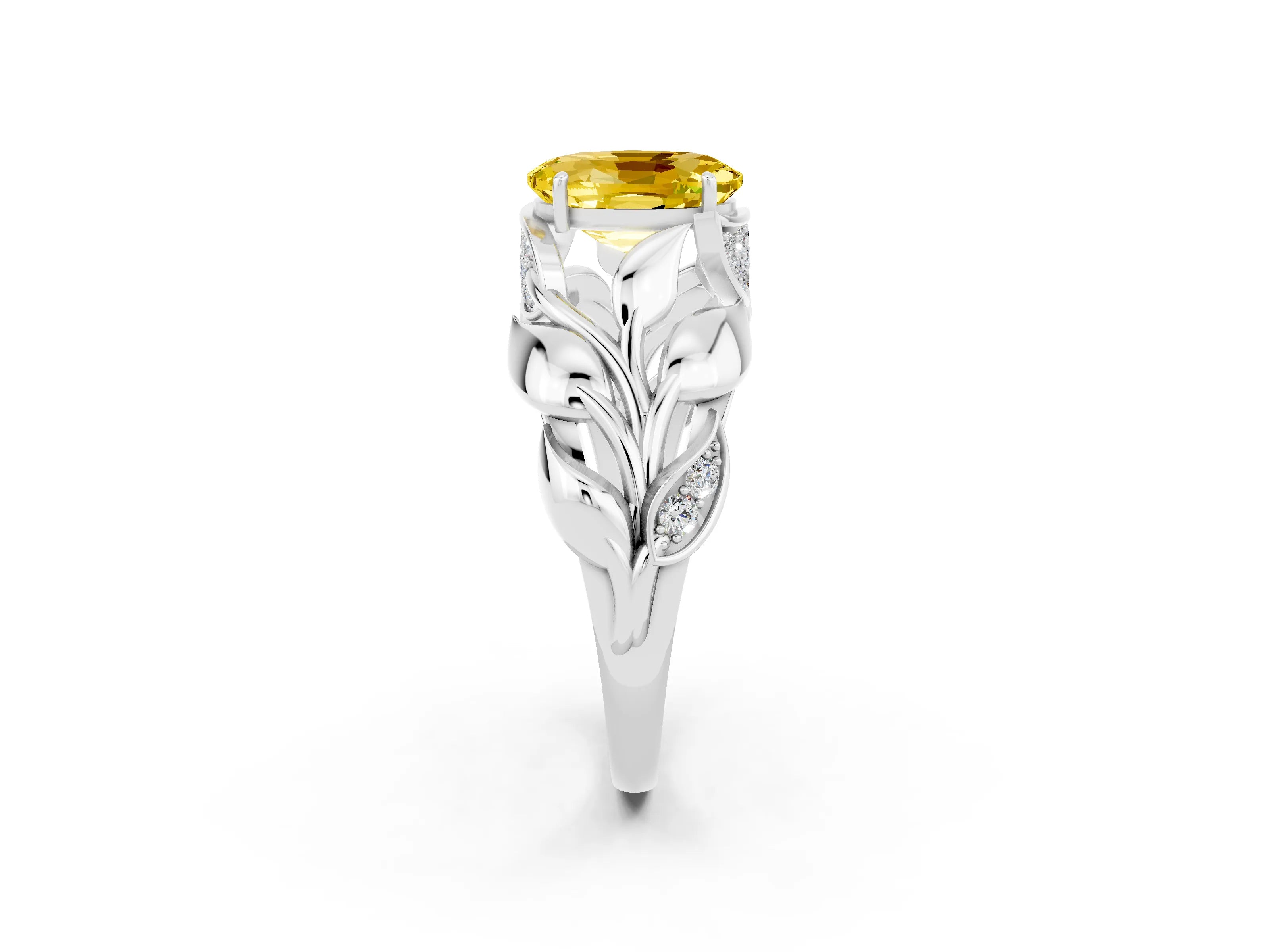 White gold Oval Cut Solitaire Leaf-Inspired Engagement Ring with Prong Setting_2