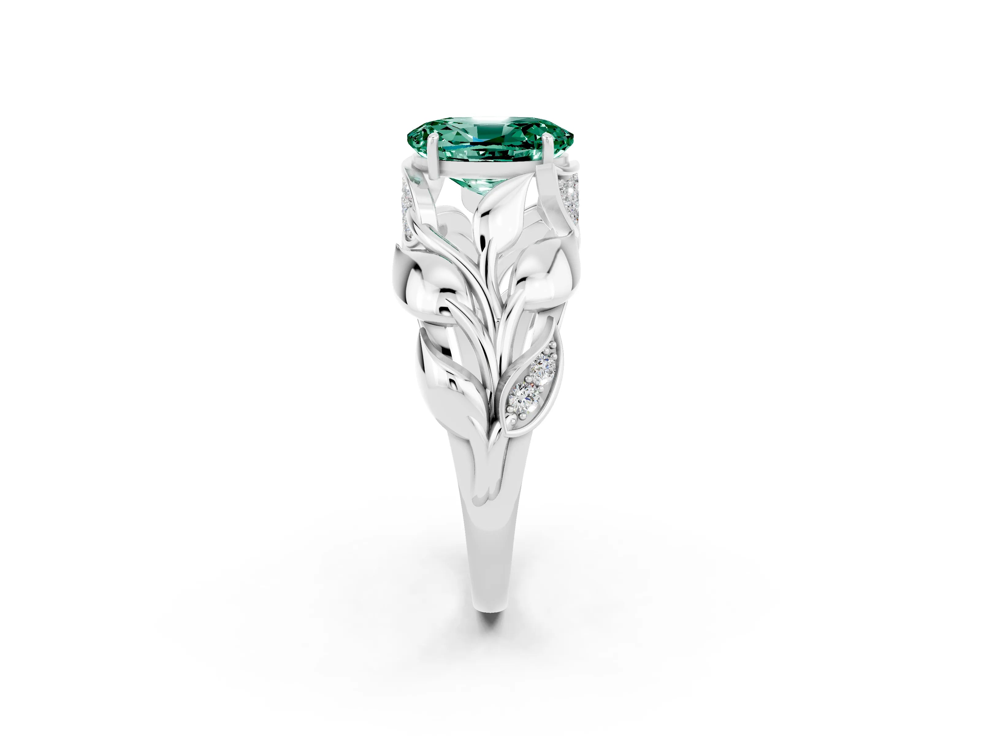 White gold Oval Cut Solitaire Leaf-Inspired Engagement Ring with Prong Setting_2