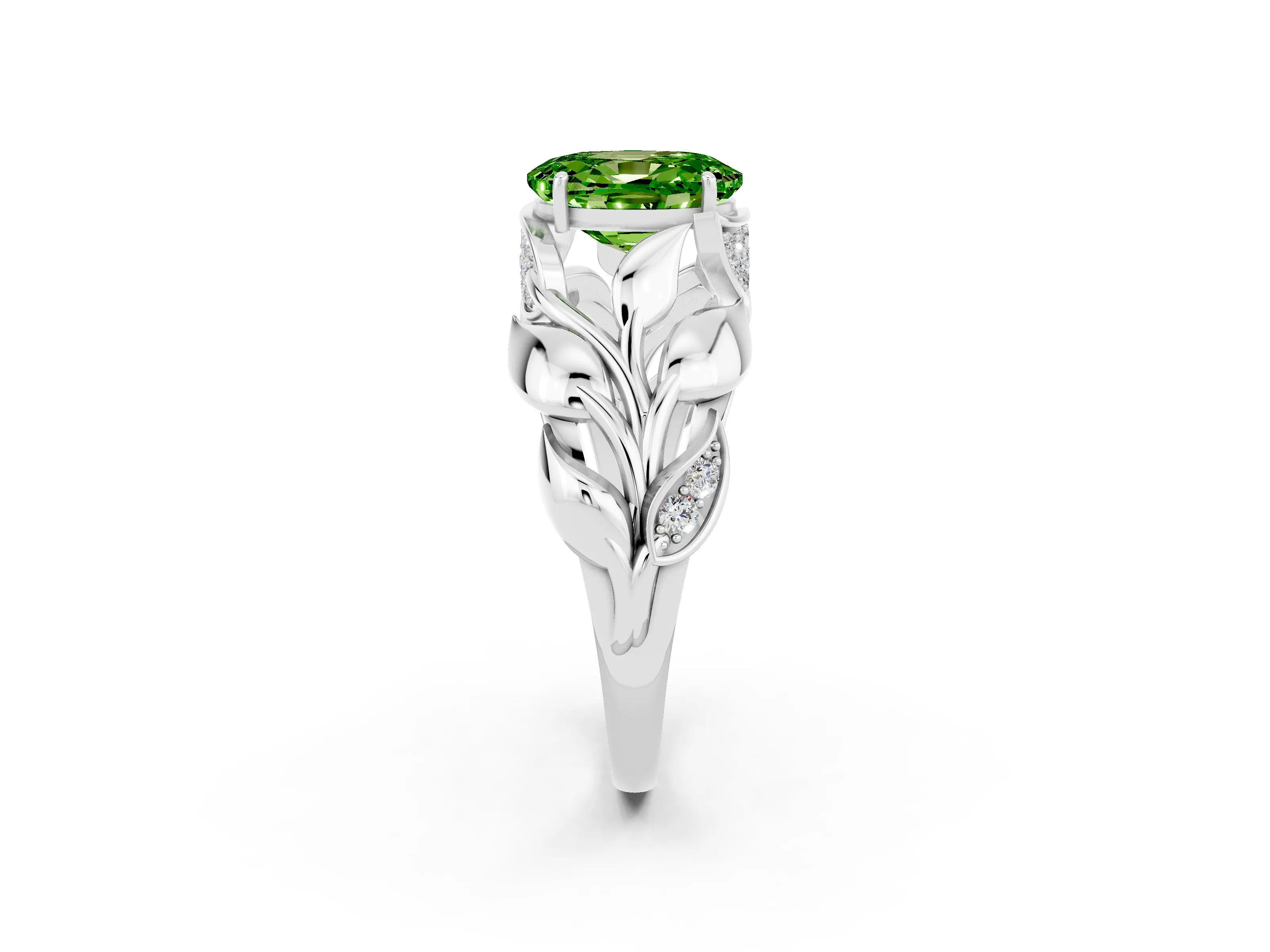 White gold Oval Cut Solitaire Leaf-Inspired Engagement Ring with Prong Setting_2