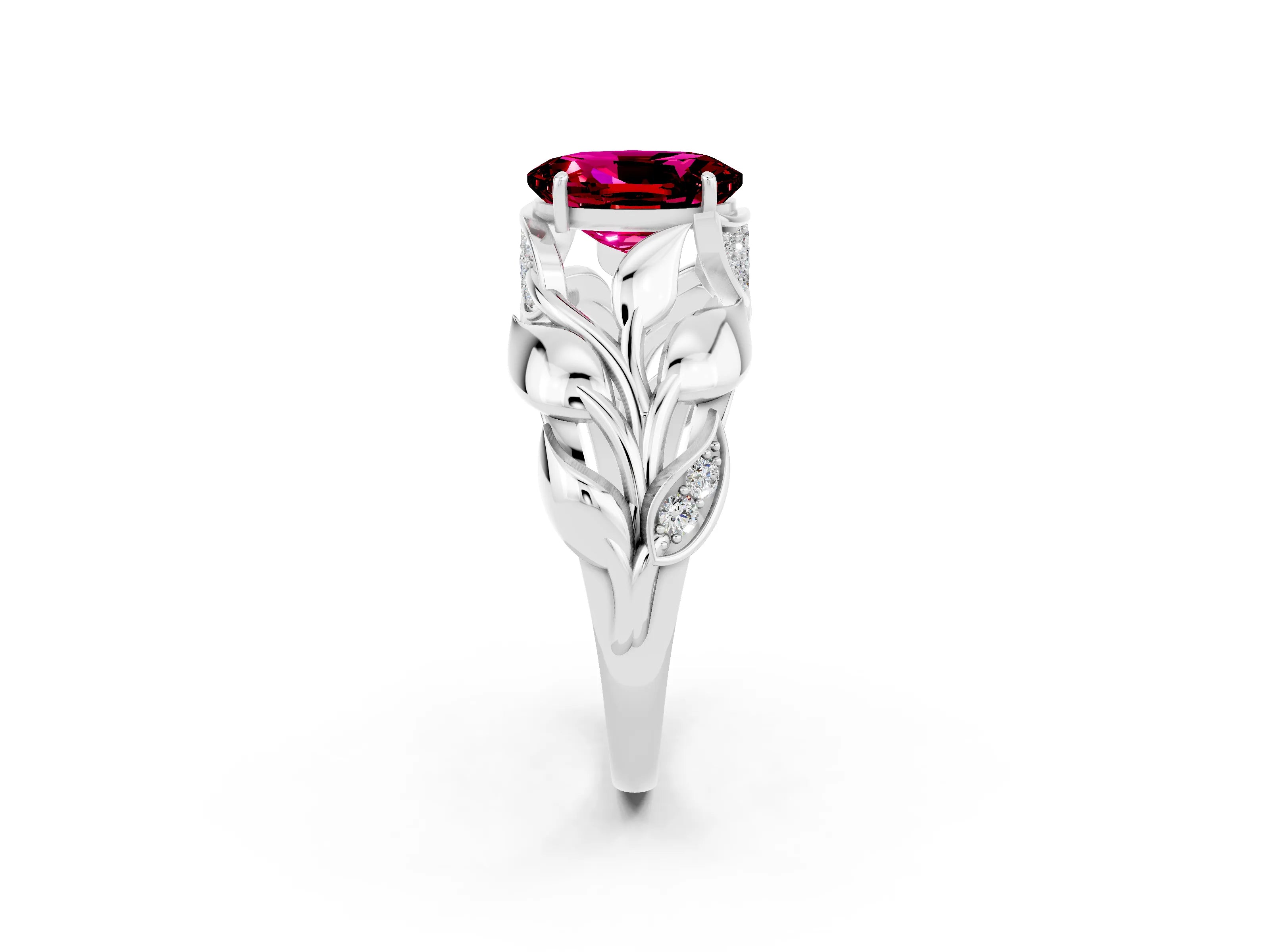 White gold Oval Cut Solitaire Leaf-Inspired Engagement Ring with Prong Setting_2