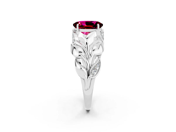 Platinum Oval Cut Garnet Leaf-Inspired Engagement Ring with Round Accents and Prong Setting