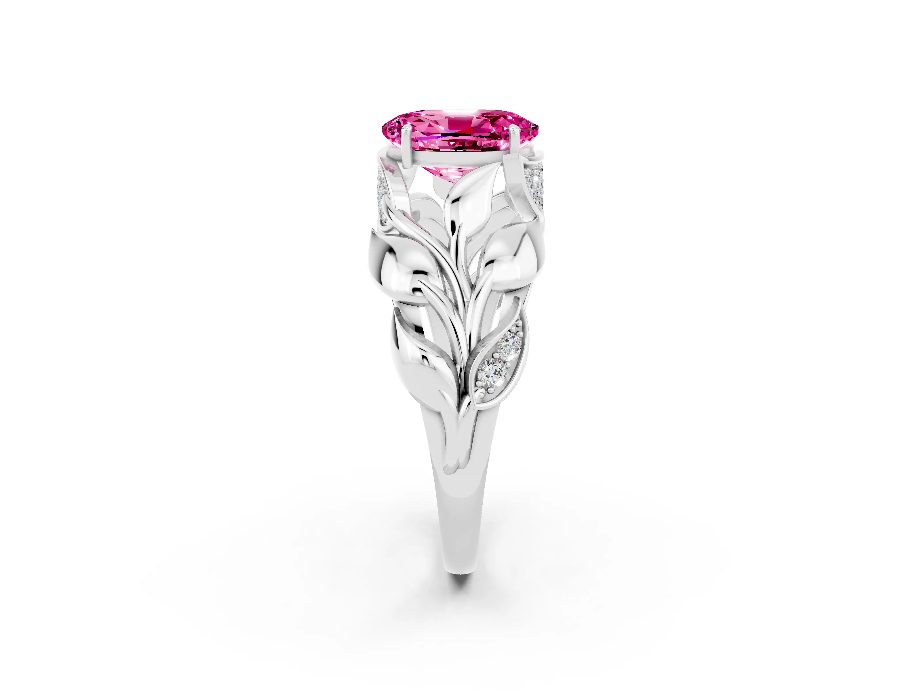 White gold Oval Cut Solitaire Leaf-Inspired Engagement Ring with Prong Setting_2