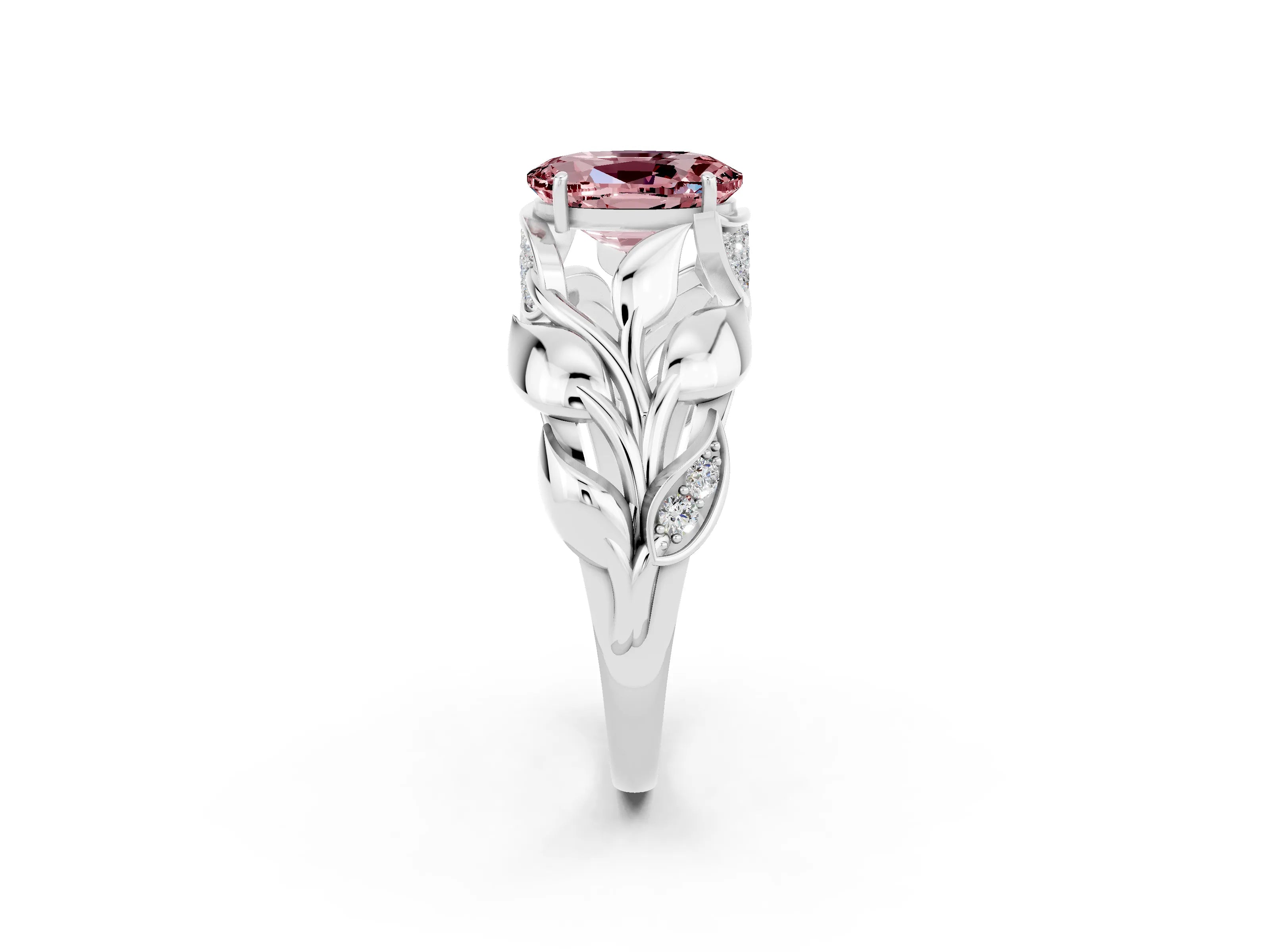 White gold Oval Cut Solitaire Leaf-Inspired Engagement Ring with Prong Setting_2