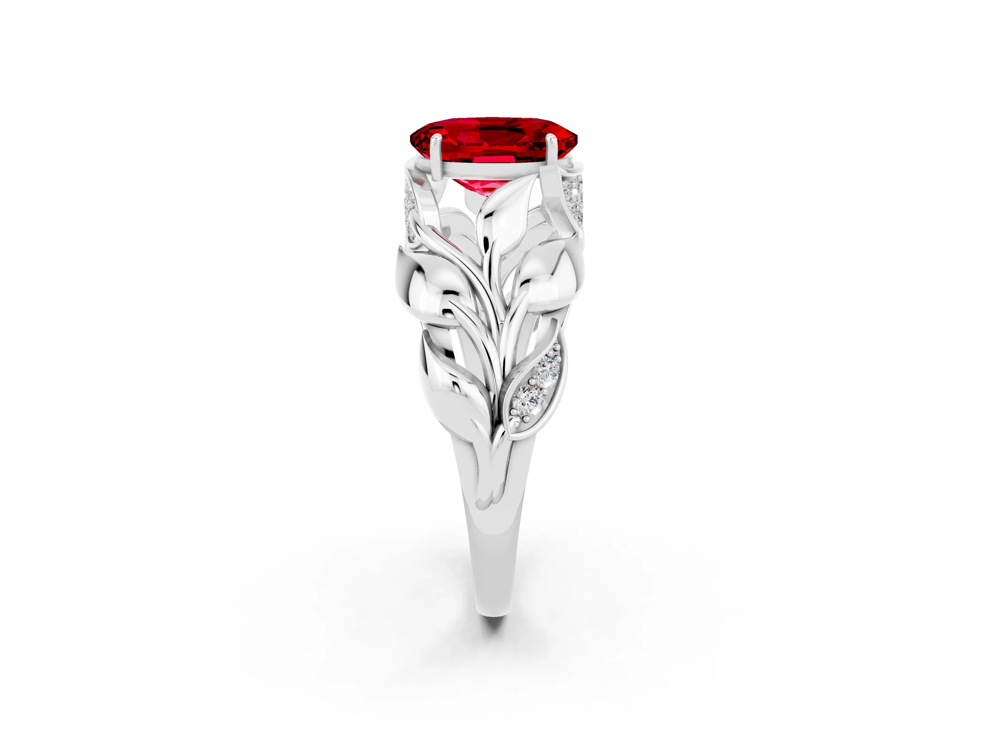 White gold Oval Cut Solitaire Leaf-Inspired Engagement Ring with Prong Setting_2