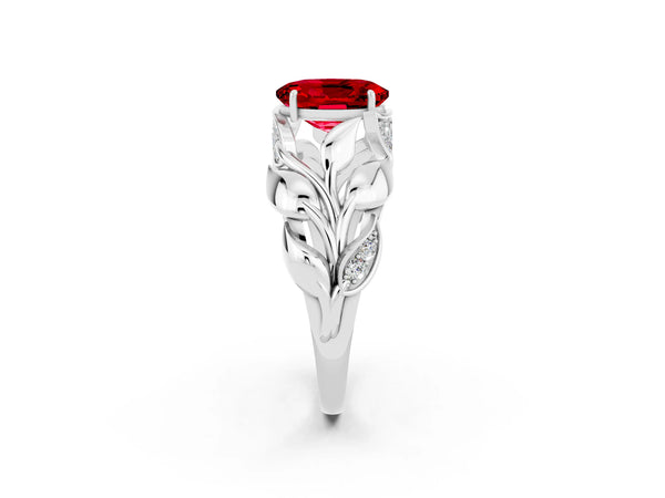Platinum Oval Cut Ruby Leaf-Inspired Engagement Ring with Round Accents and Prong Setting