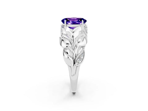 White gold Oval Cut Solitaire Leaf-Inspired Engagement Ring with Prong Setting_2