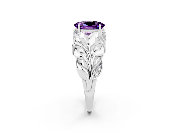 Platinum Oval Cut Amethyst Leaf-Inspired Engagement Ring with Round Accents and Prong Setting